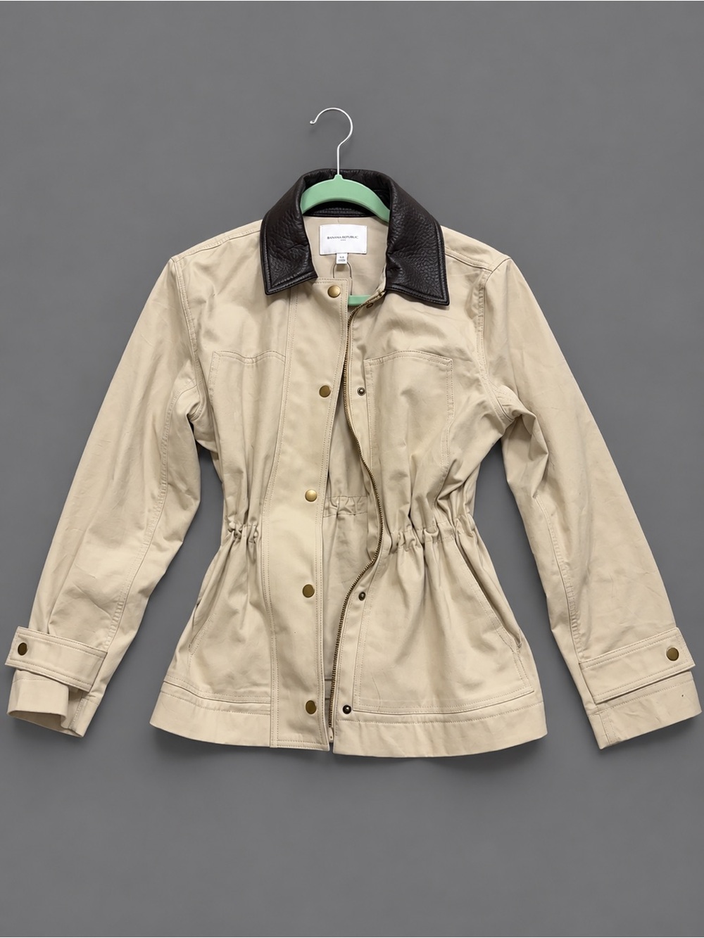 J. Crew Beige Utility Jacket with Dark Brown Leather Collar